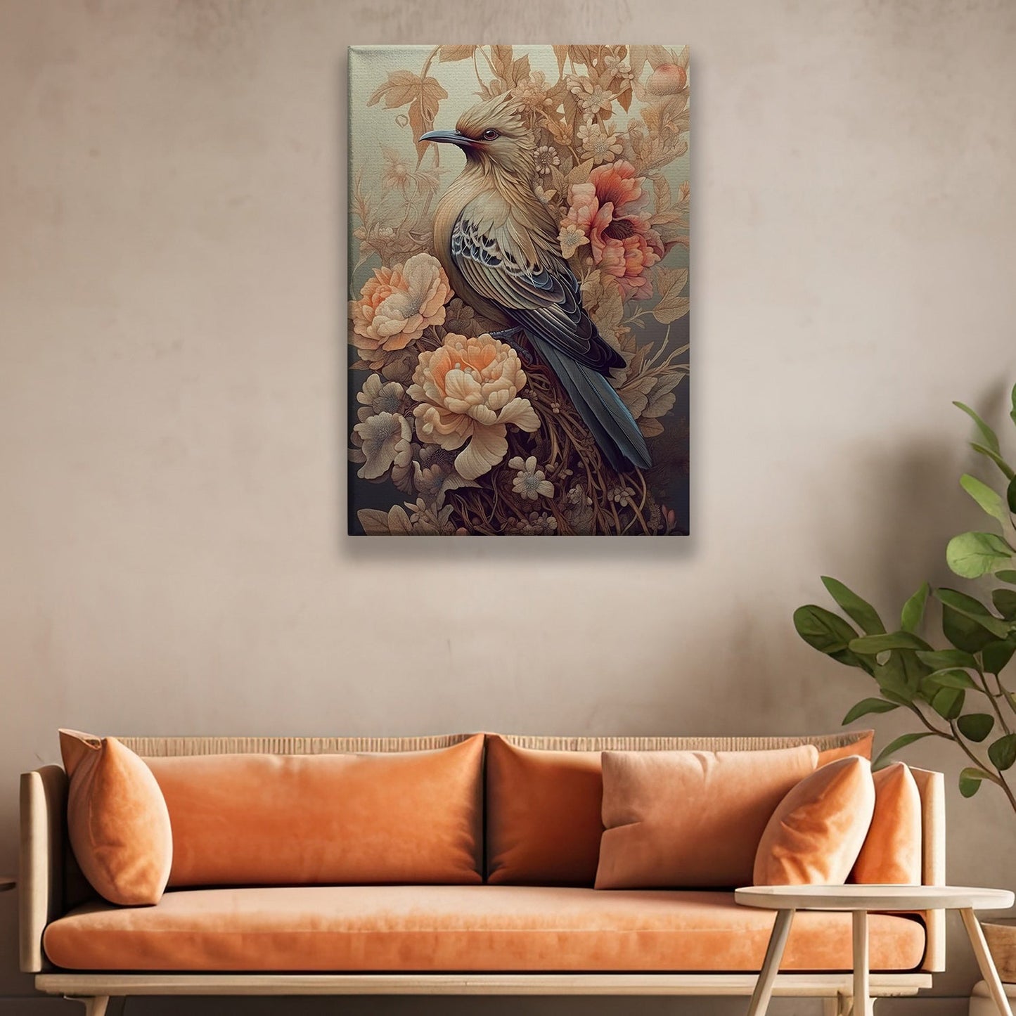 Elegant Bird And Flowers, Bird Canvas Painting, Mystical Bird Wall Art Decor, Poster Gift For Bird Lovers