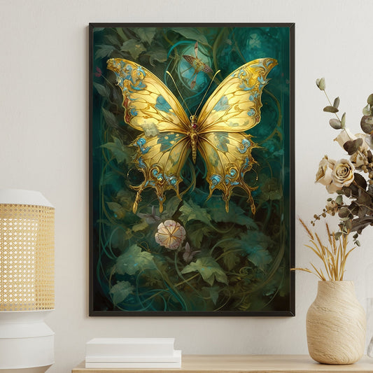 Mystery Golden Butterfly On The Leaf, Victorian Canvas Painting, Mystery Wall Art Decor, Poster Gift For Butterfly Lovers