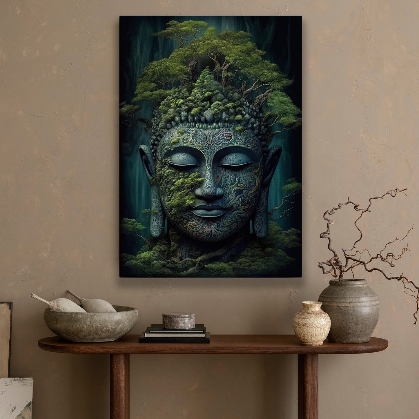 Mystical Buddha Face, Green Buddha Peaceful Canvas Painting, Wall Art Decor, Buddhism Poster Gift