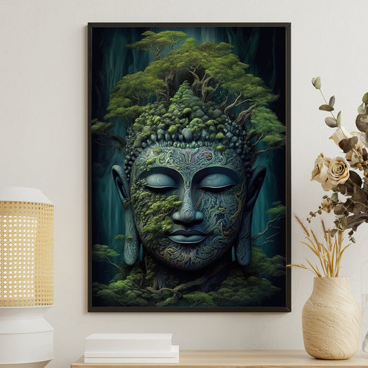 Mystical Buddha Face, Green Buddha Peaceful Canvas Painting, Wall Art Decor, Buddhism Poster Gift