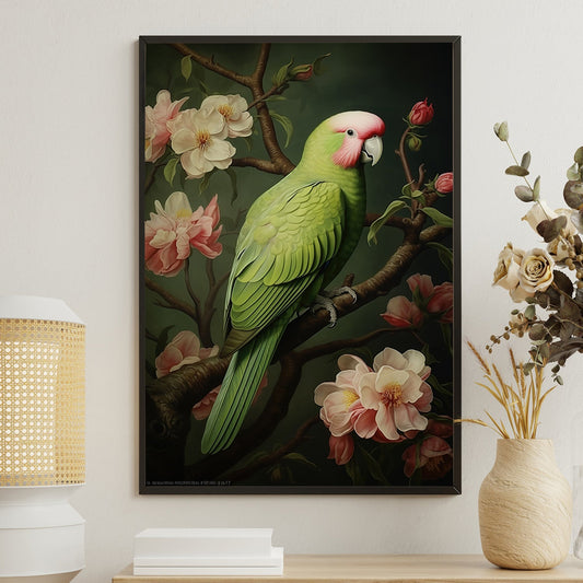 Parrot And Flowers, Bird Canvas Painting, Vintage Wall Art Decor, Poster Gift For Parrot Lovers
