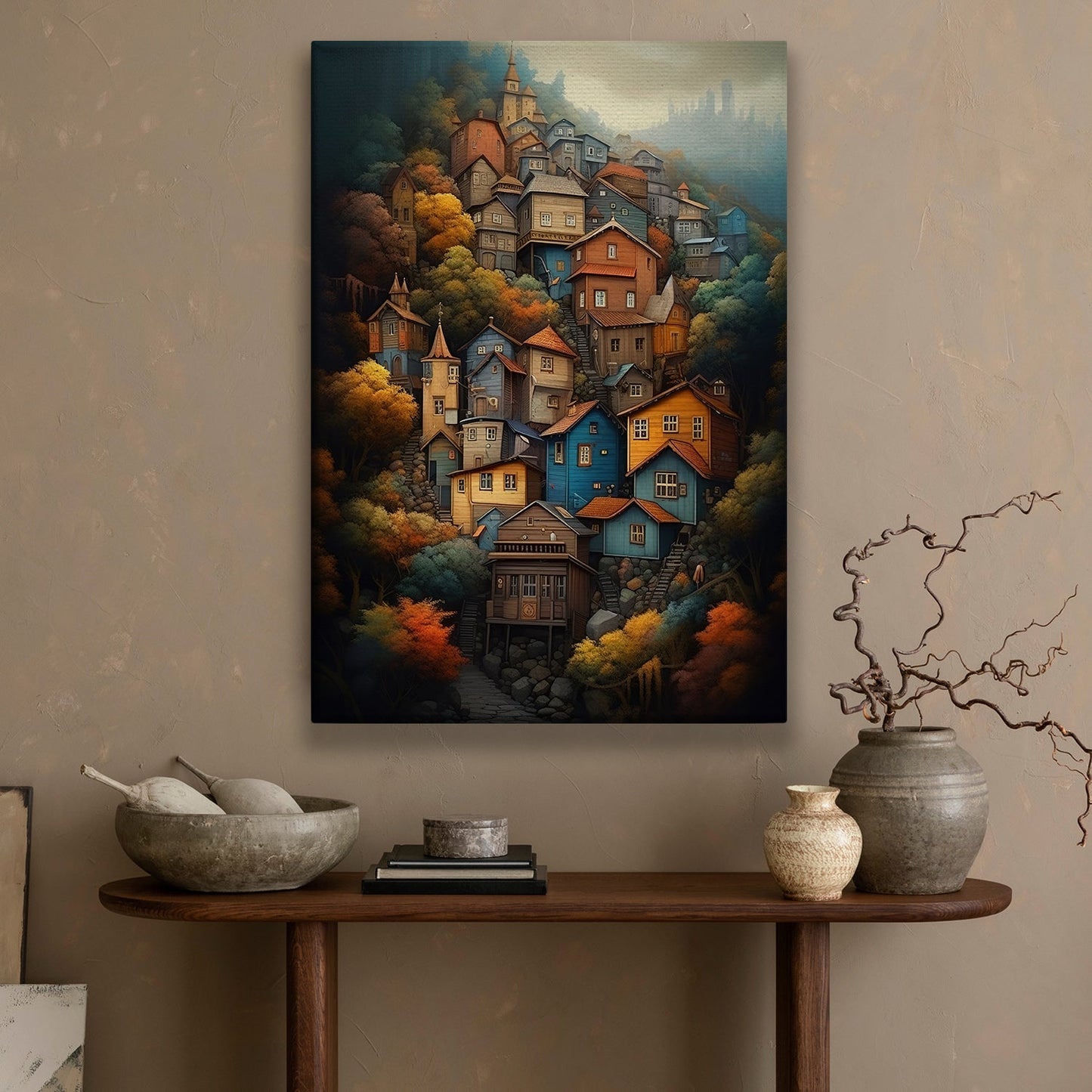 Colorful Village, House Canvas Painting, Village Wall Art Decor, Charming Town Poster Gift