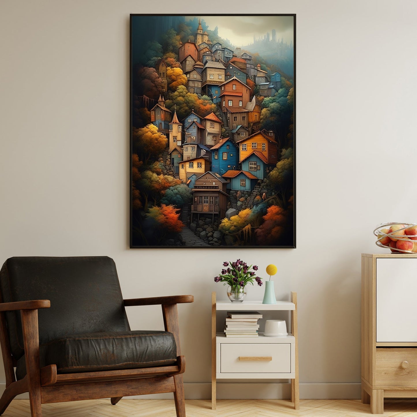 Colorful Village, House Canvas Painting, Village Wall Art Decor, Charming Town Poster Gift