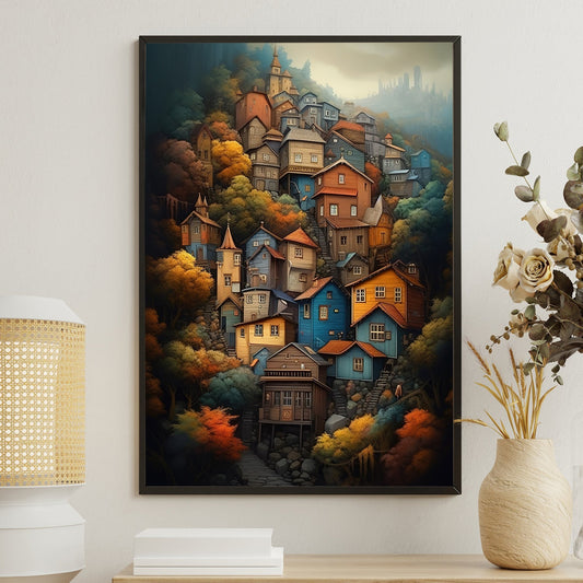 Colorful Village, House Canvas Painting, Village Wall Art Decor, Charming Town Poster Gift