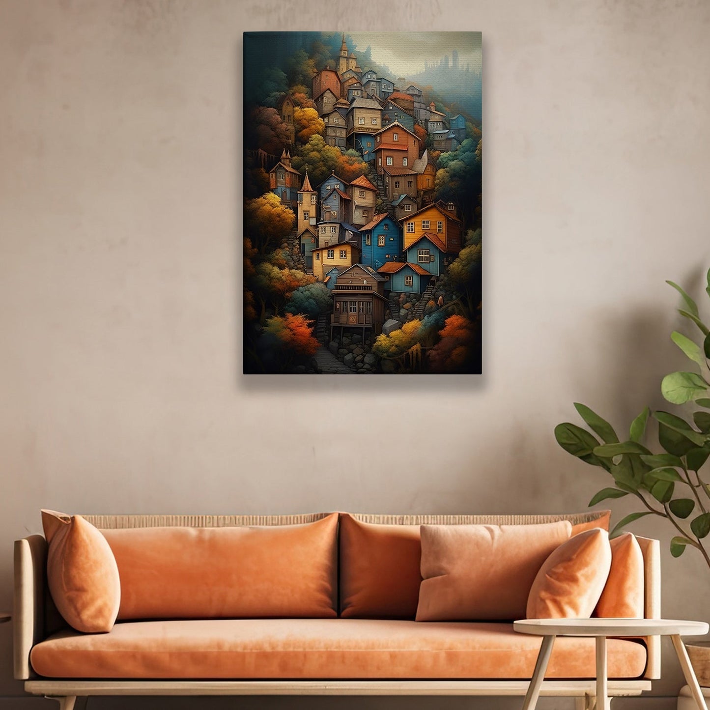 Colorful Village, House Canvas Painting, Village Wall Art Decor, Charming Town Poster Gift