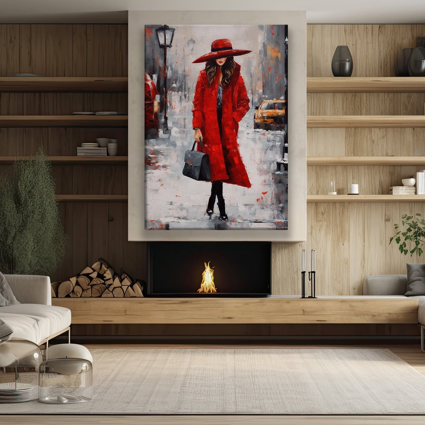 Red Dress Lady Walking On The Street, Women Canvas Painting, Wall Art Decor, Morden Women Poster Gift