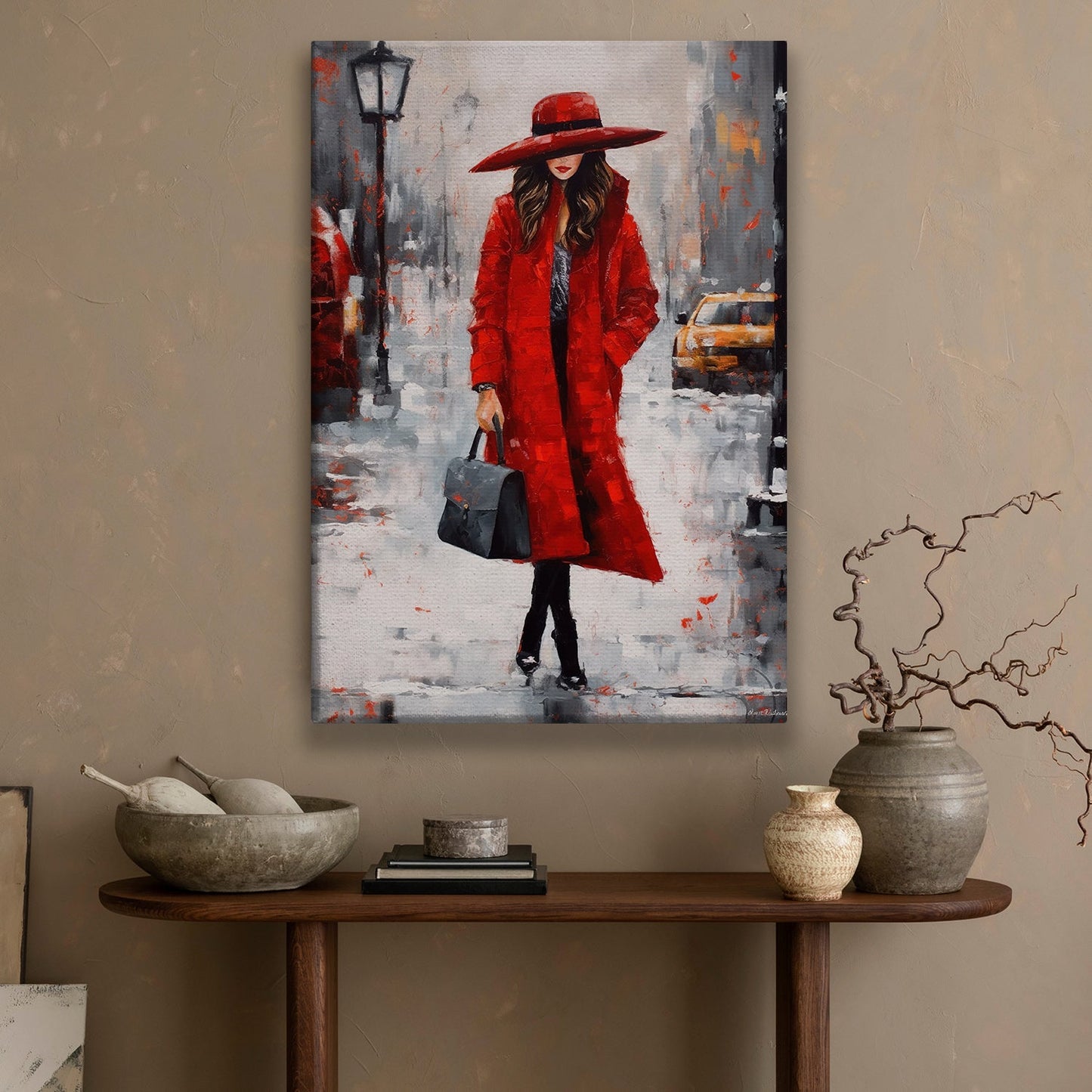 Red Dress Lady Walking On The Street, Women Canvas Painting, Wall Art Decor, Morden Women Poster Gift