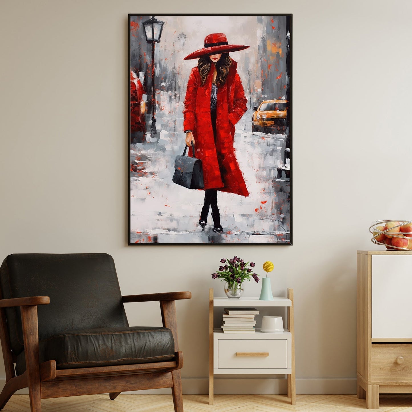 Red Dress Lady Walking On The Street, Women Canvas Painting, Wall Art Decor, Morden Women Poster Gift