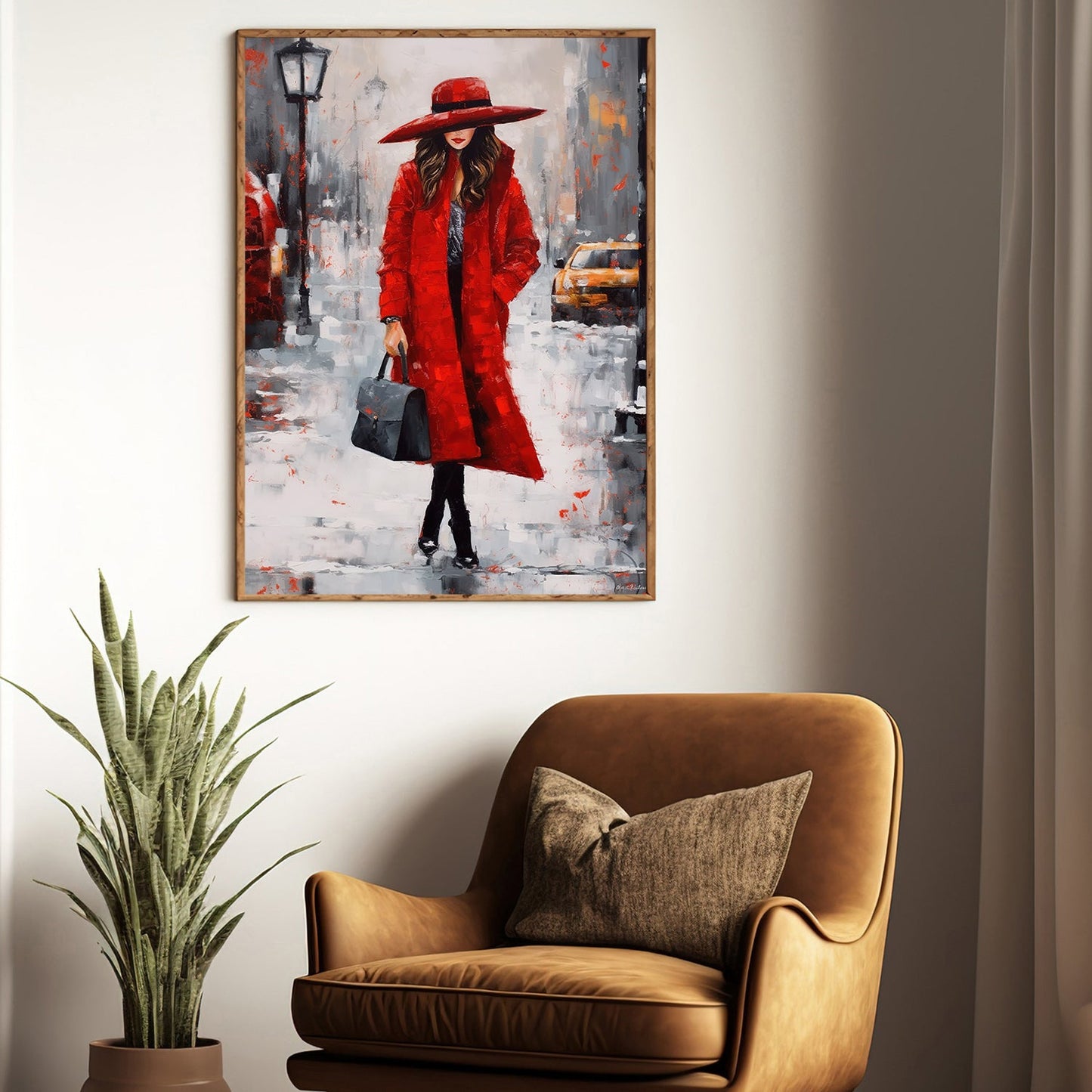 Red Dress Lady Walking On The Street, Women Canvas Painting, Wall Art Decor, Morden Women Poster Gift