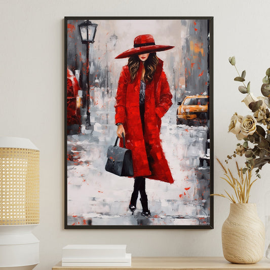 Red Dress Lady Walking On The Street, Women Canvas Painting, Wall Art Decor, Morden Women Poster Gift