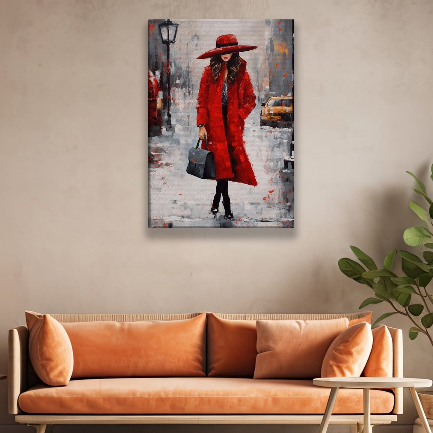 Red Dress Lady Walking On The Street, Women Canvas Painting, Wall Art Decor, Morden Women Poster Gift