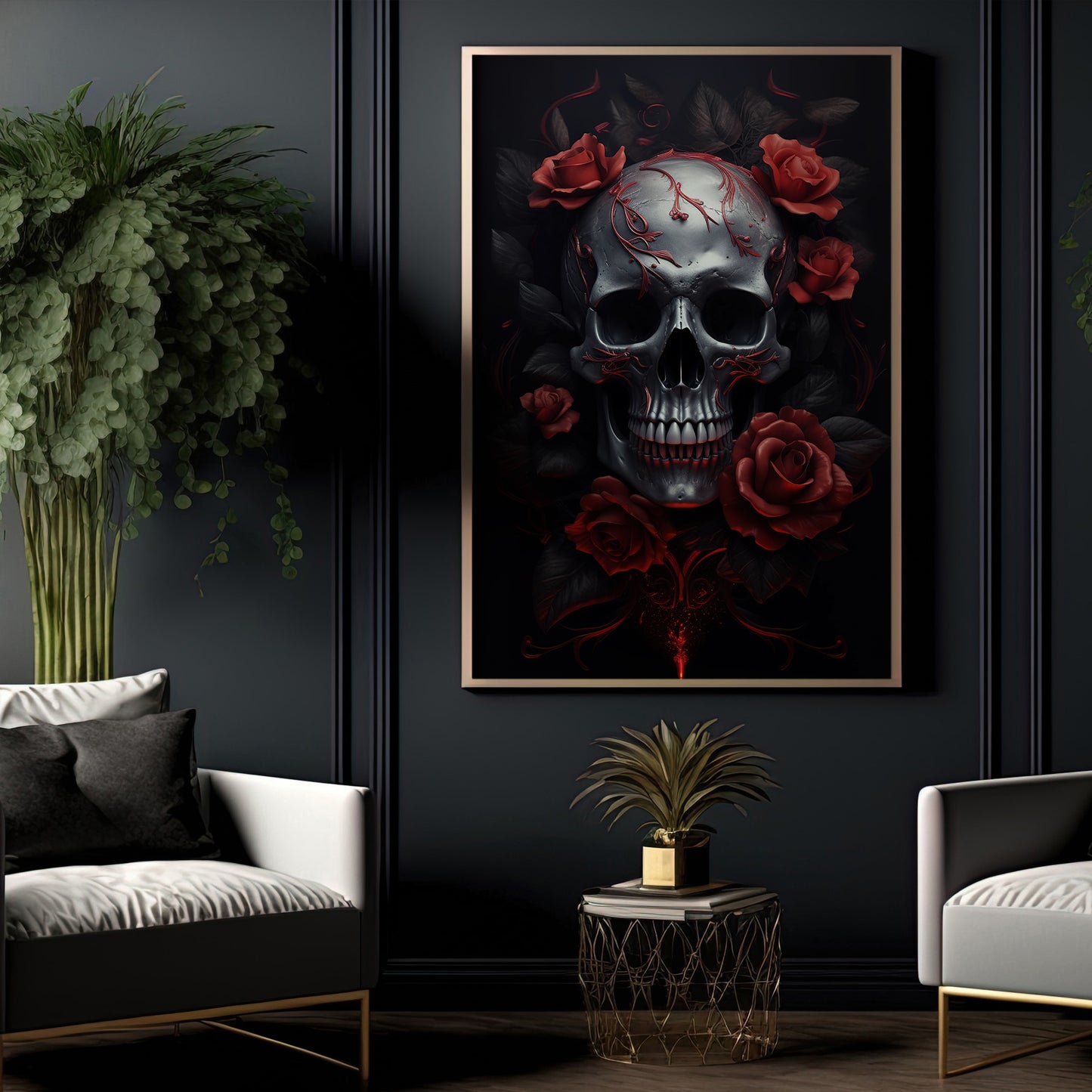 A Symphony Of Skull And Rose, Gothic Canvas Painting, Mystery Wall Art Decor, Poster Gift For Skull Lovers