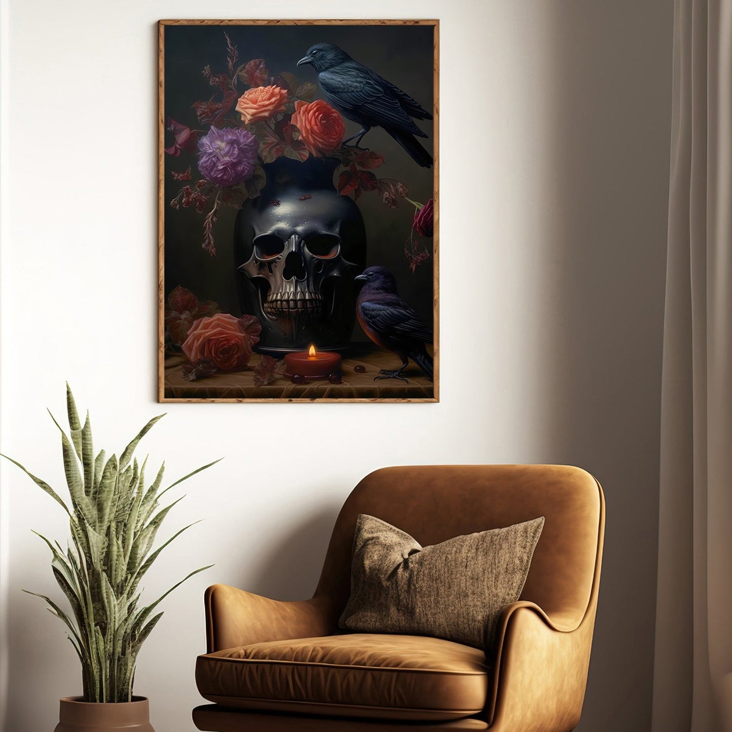 Raven On The Skull, Skull Canvas Painting, Spooky Wall Art Decor, Vintage Skull Poster Gift