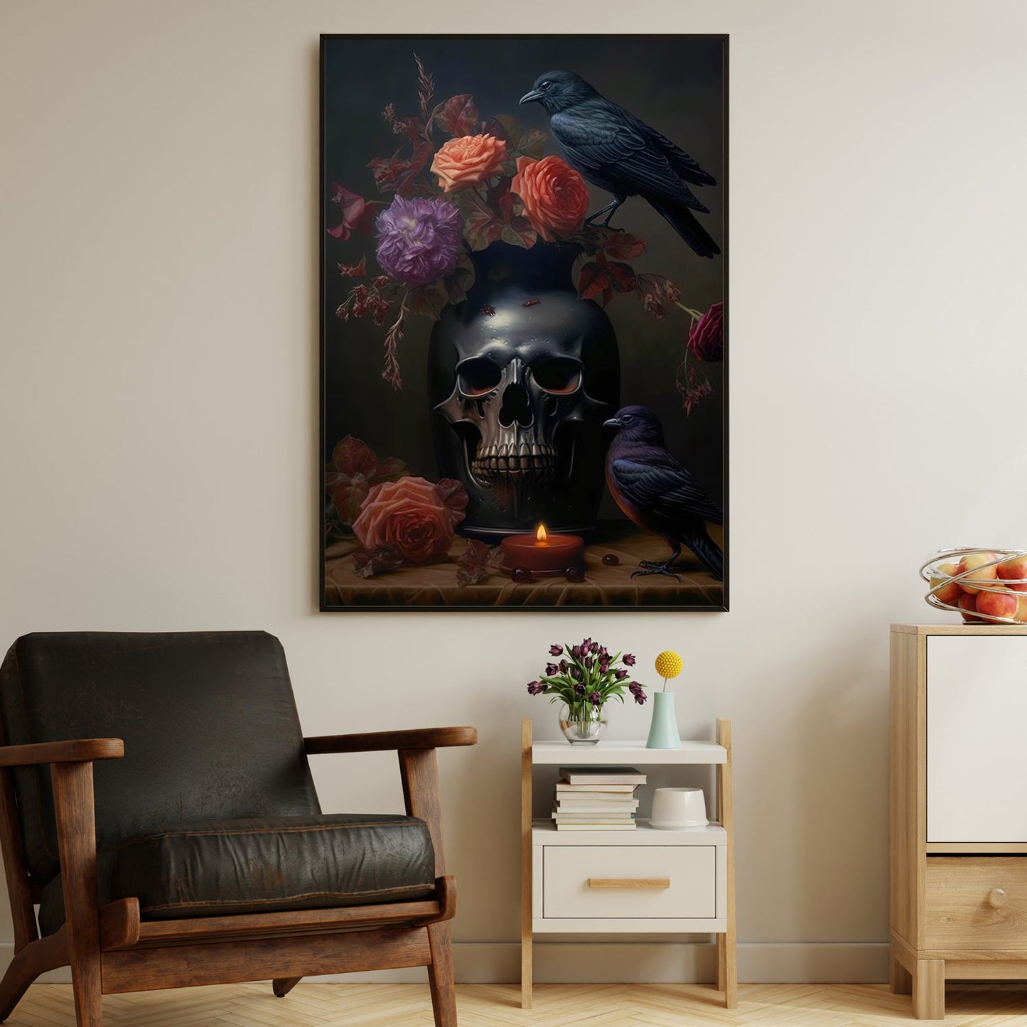 Raven On The Skull, Skull Canvas Painting, Spooky Wall Art Decor, Vintage Skull Poster Gift