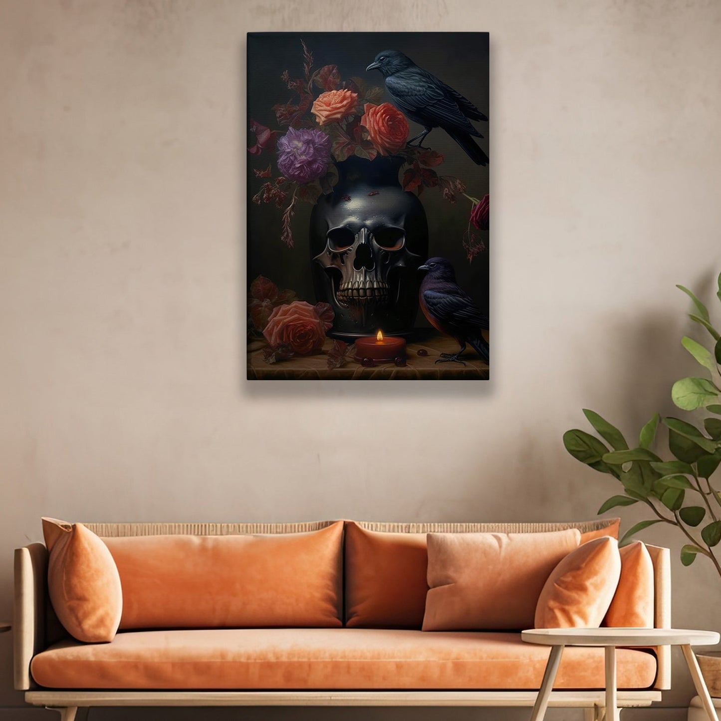 Raven On The Skull, Skull Canvas Painting, Spooky Wall Art Decor, Vintage Skull Poster Gift