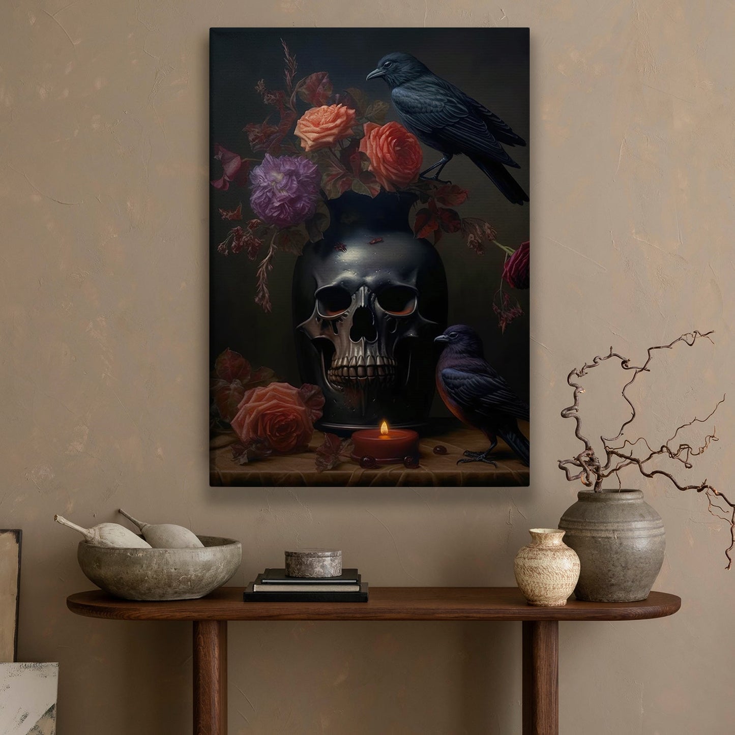 Raven On The Skull, Skull Canvas Painting, Spooky Wall Art Decor, Vintage Skull Poster Gift