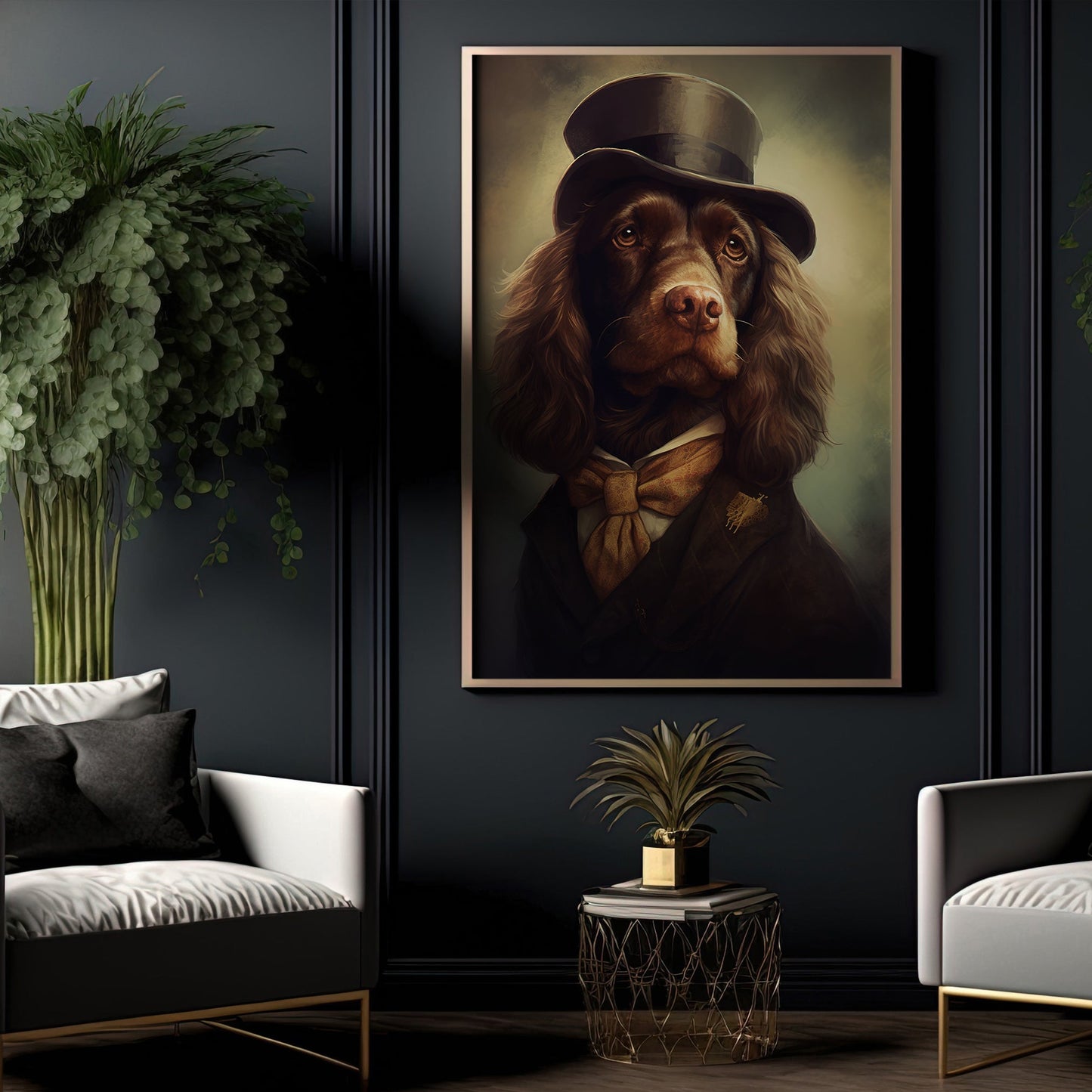 Spaniel Dog In Suit, Victorian Dog Canvas Painting, Victorian Animal Wall Art Decor, Poster Gift For Spaniel Dog Lovers