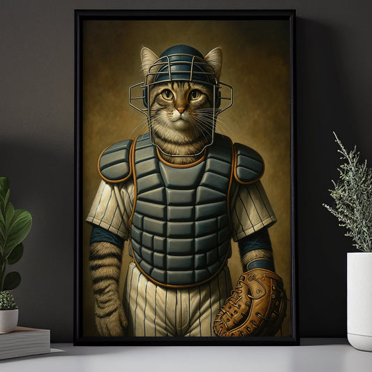 The Feline Defender Cat With Baseball, Baseball Canvas Painting, Cat Wall Art Decor, Poster Gift For Cat And Baseball Lovers
