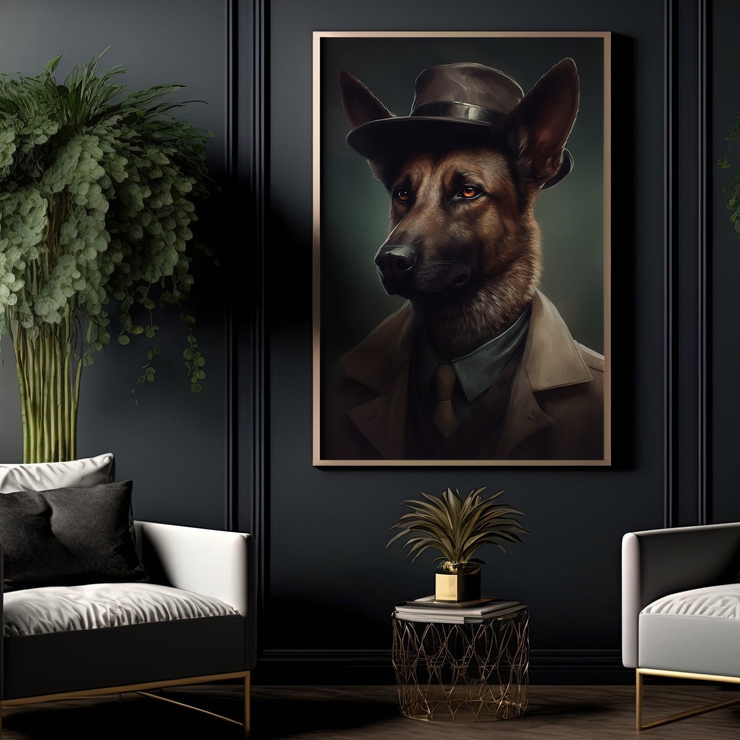 Gentlemen German Shepherd Wear Hat, Victorian Dog Canvas Painting, Victorian Animal Wall Art Decor, Poster Gift For Gentlemen German Shepherd Lovers