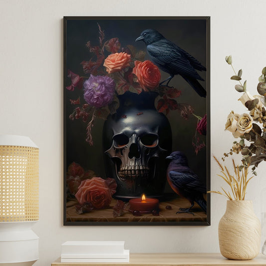 Raven On The Skull, Skull Canvas Painting, Spooky Wall Art Decor, Vintage Skull Poster Gift