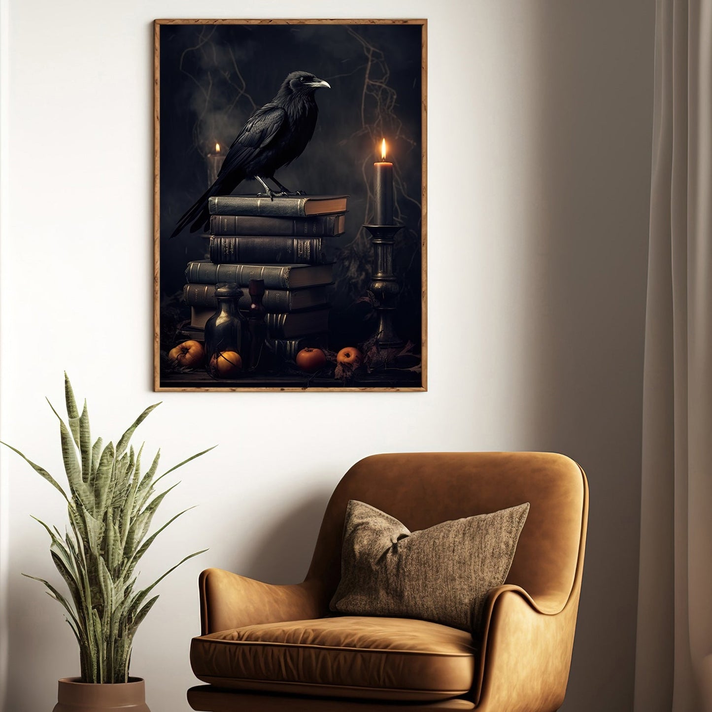 Raven On The Books And Candle, Black Raven Canvas Painting, Dark Wall Art, Poster Gift For Raven Lovers