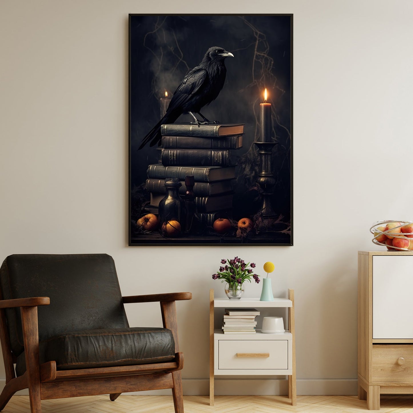 Raven On The Books And Candle, Black Raven Canvas Painting, Dark Wall Art, Poster Gift For Raven Lovers