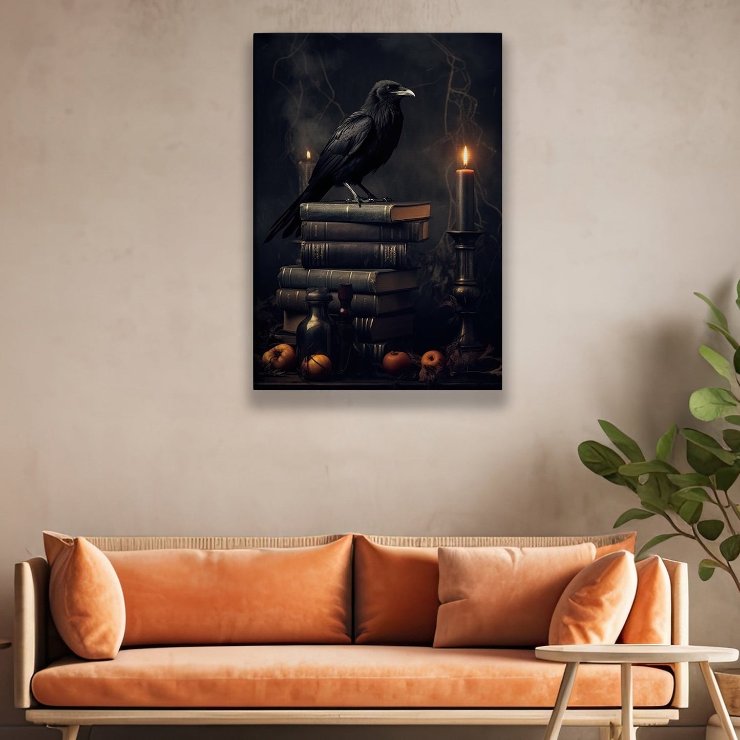 Raven On The Books And Candle, Black Raven Canvas Painting, Dark Wall Art, Poster Gift For Raven Lovers