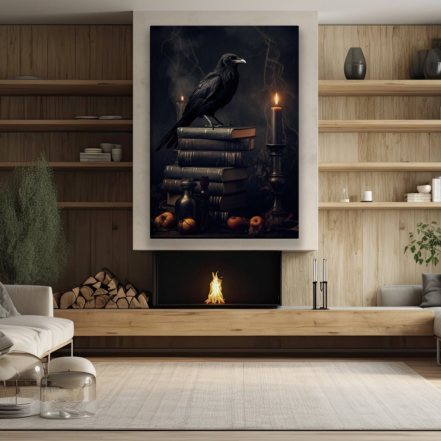 Raven On The Books And Candle, Black Raven Canvas Painting, Dark Wall Art, Poster Gift For Raven Lovers