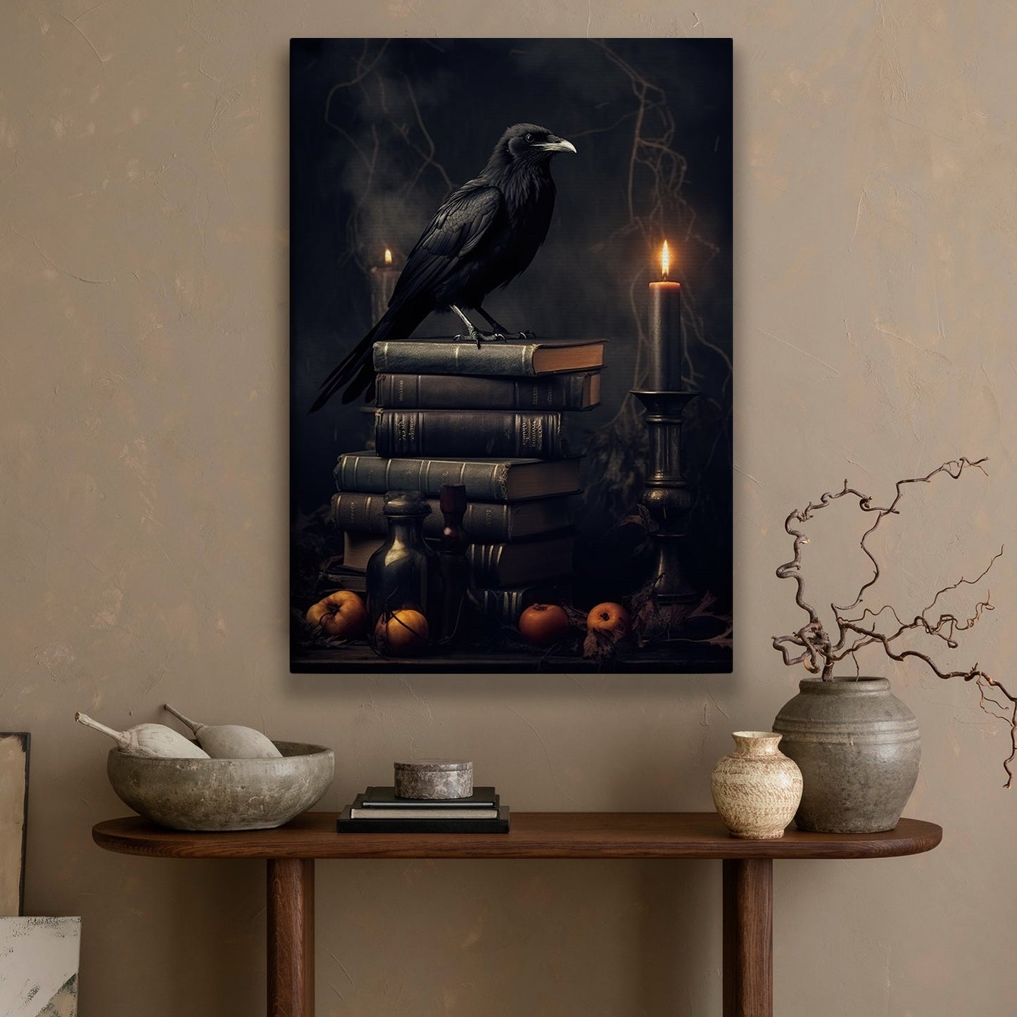 Raven On The Books And Candle, Black Raven Canvas Painting, Dark Wall Art, Poster Gift For Raven Lovers