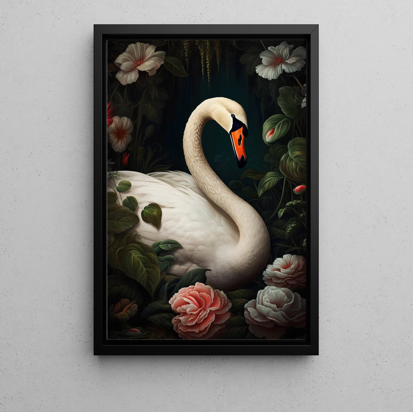 A Swan In The Secret Garden, Swan Canvas Painting, Flowers Wall Art Decor, Poster Gift For Swan Lovers