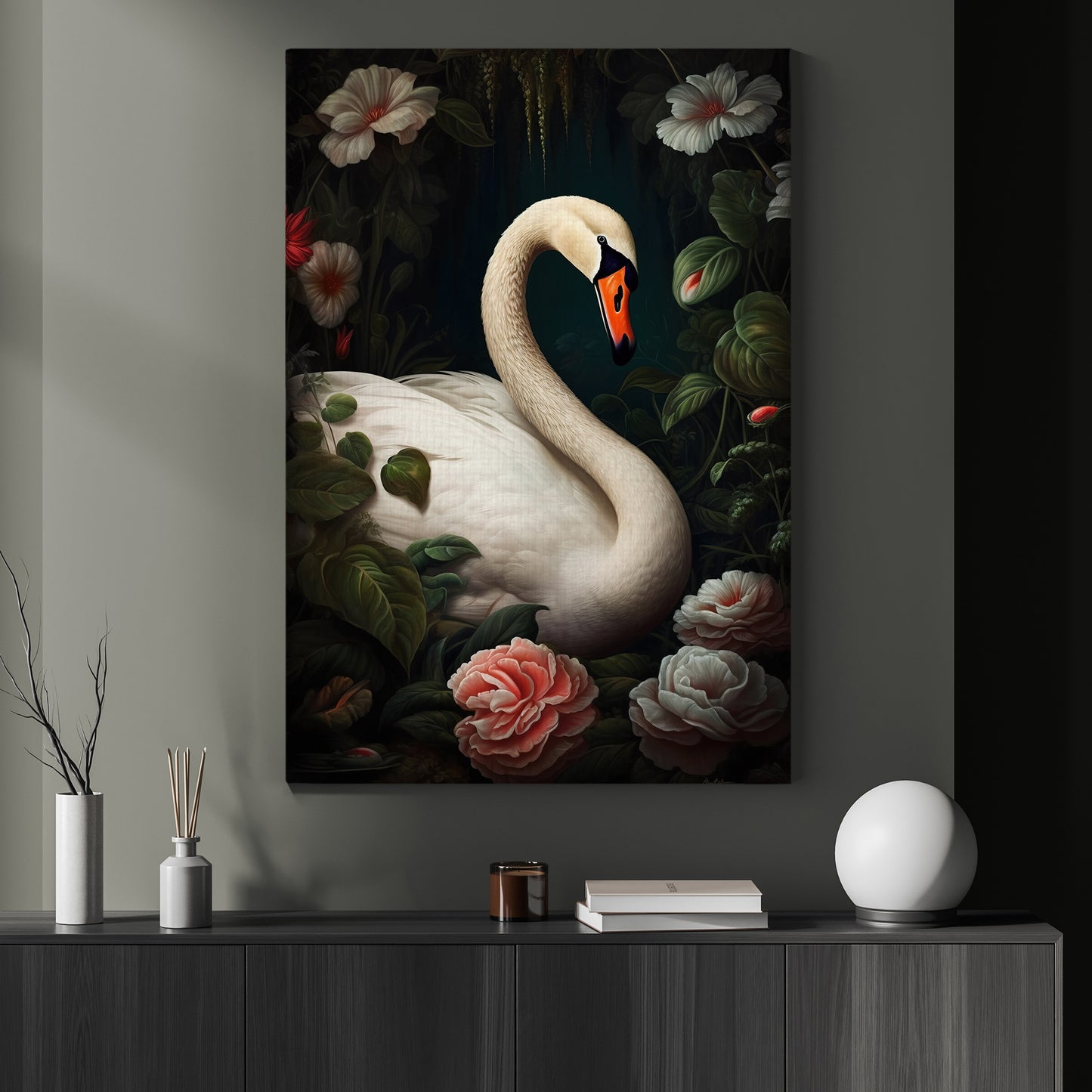 A Swan In The Secret Garden, Swan Canvas Painting, Flowers Wall Art Decor, Poster Gift For Swan Lovers