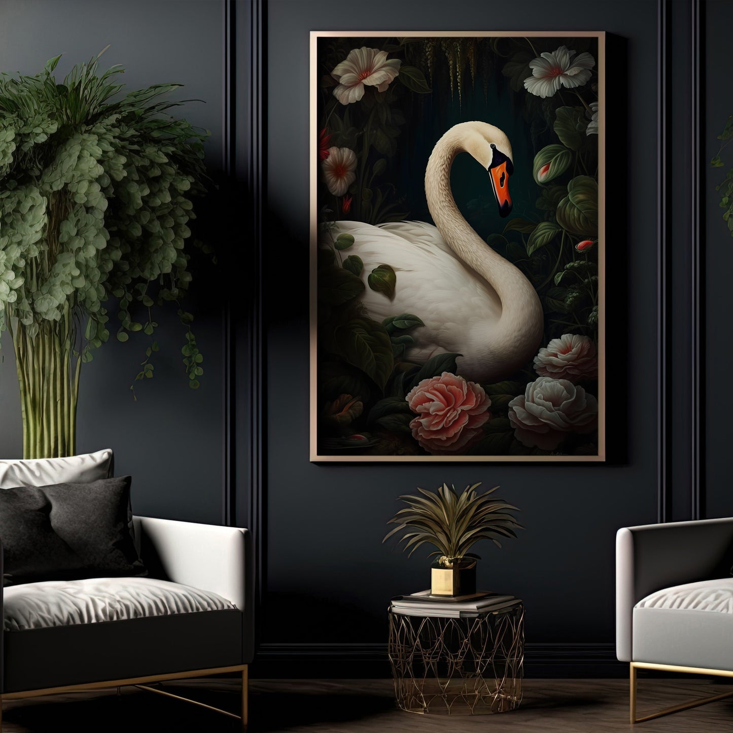 A Swan In The Secret Garden, Swan Canvas Painting, Flowers Wall Art Decor, Poster Gift For Swan Lovers