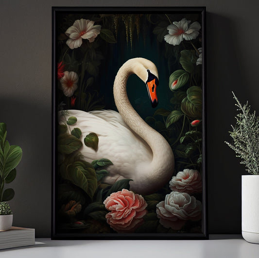 A Swan In The Secret Garden, Swan Canvas Painting, Flowers Wall Art Decor, Poster Gift For Swan Lovers