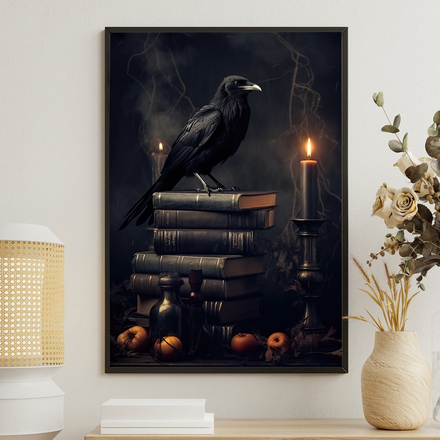 Raven On The Books And Candle, Black Raven Canvas Painting, Dark Wall Art, Poster Gift For Raven Lovers