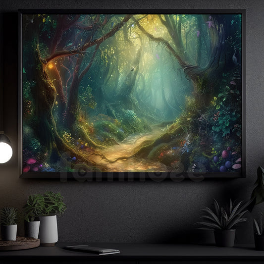 Vintage Forest Canvas Painting, Glowing Forest Path Wall Art Decor, Xmas Poster Gift For Forest Lovers