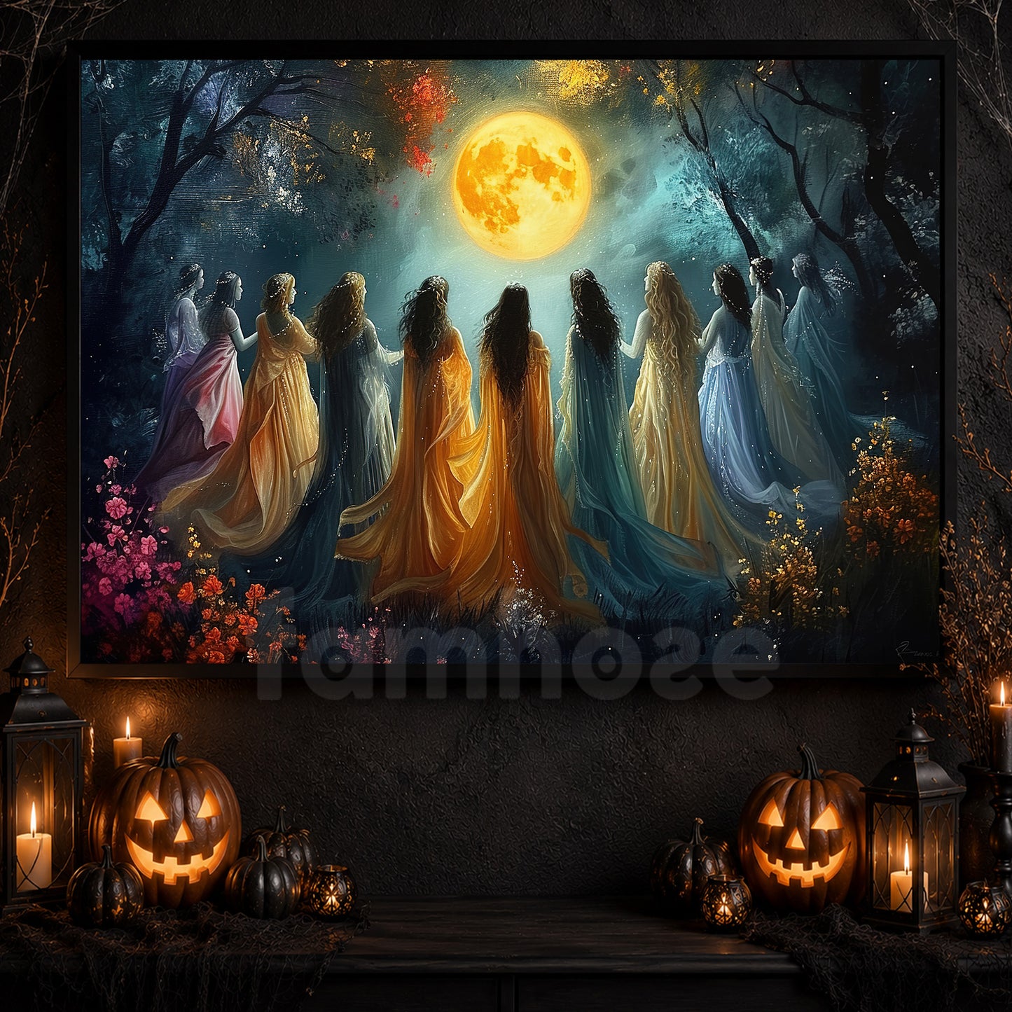 Garden of Moonlit Elegance, Witch Canvas Painting, Spooky Season Wall Art Decor, Halloween Poster Gift For Witch Lovers