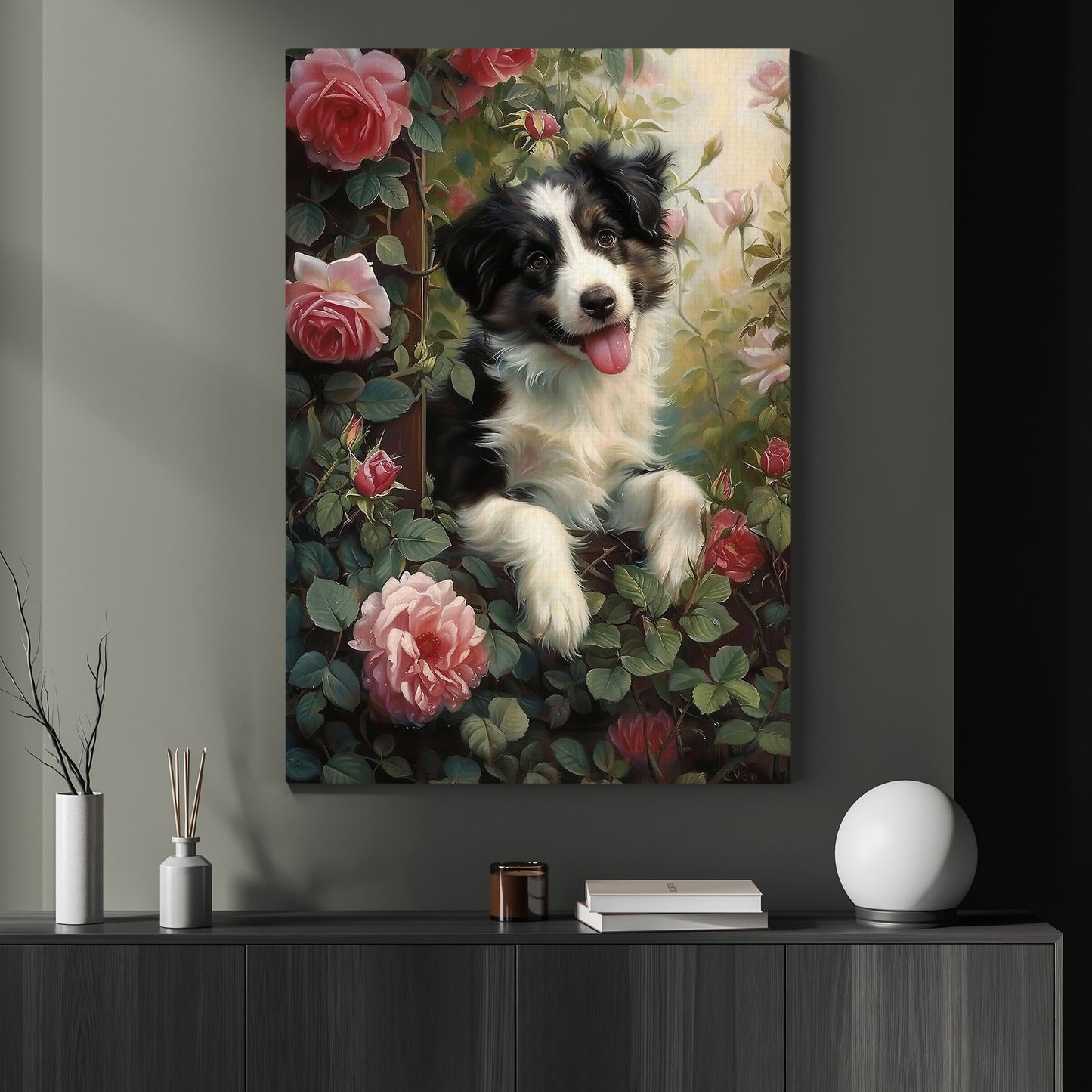 A Puppy’s Garden Adventure, Victorian Dog Canvas Painting, Victorian Animal Wall Art Decor, Poster Gift For Dog Lovers