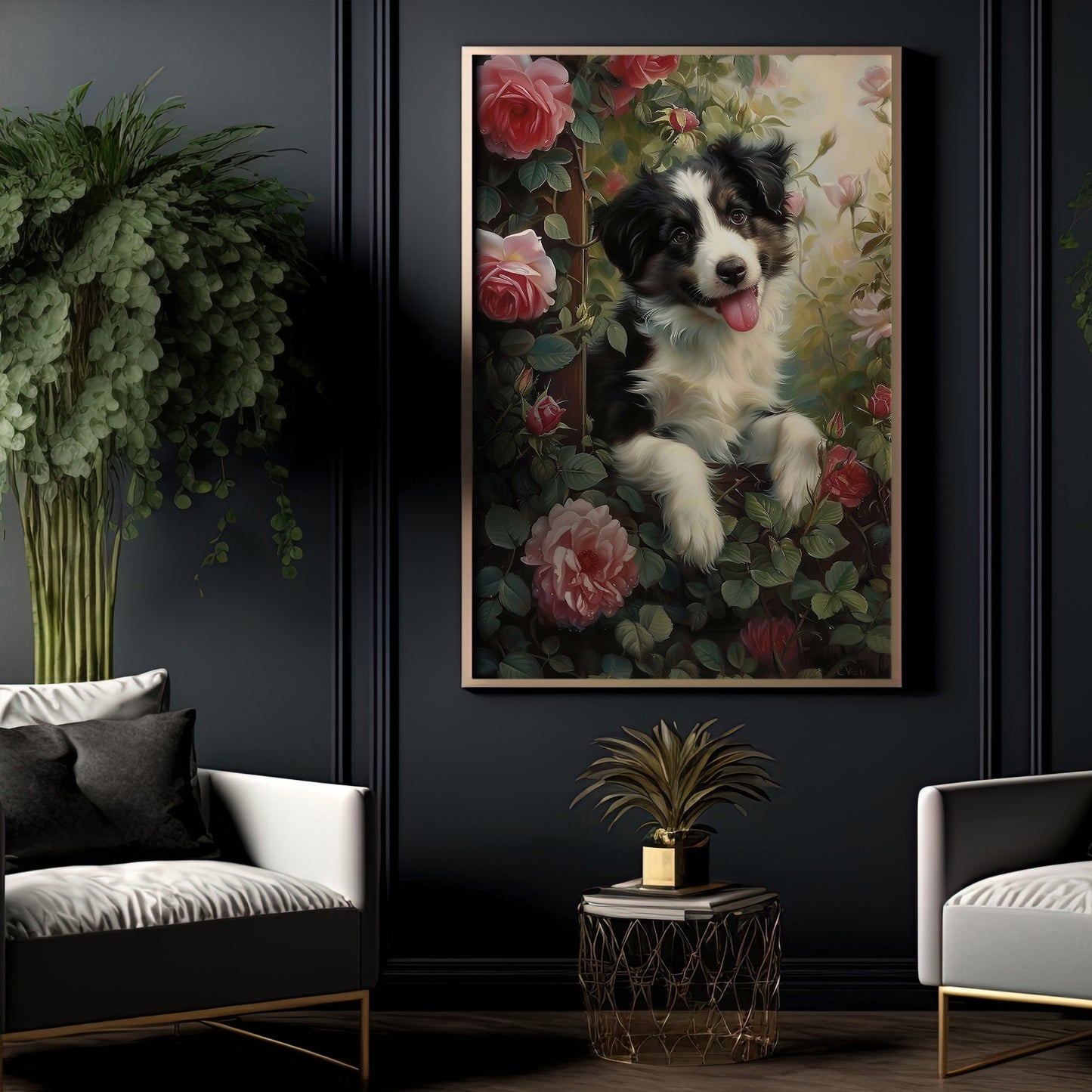 A Puppy’s Garden Adventure, Victorian Dog Canvas Painting, Victorian Animal Wall Art Decor, Poster Gift For Dog Lovers