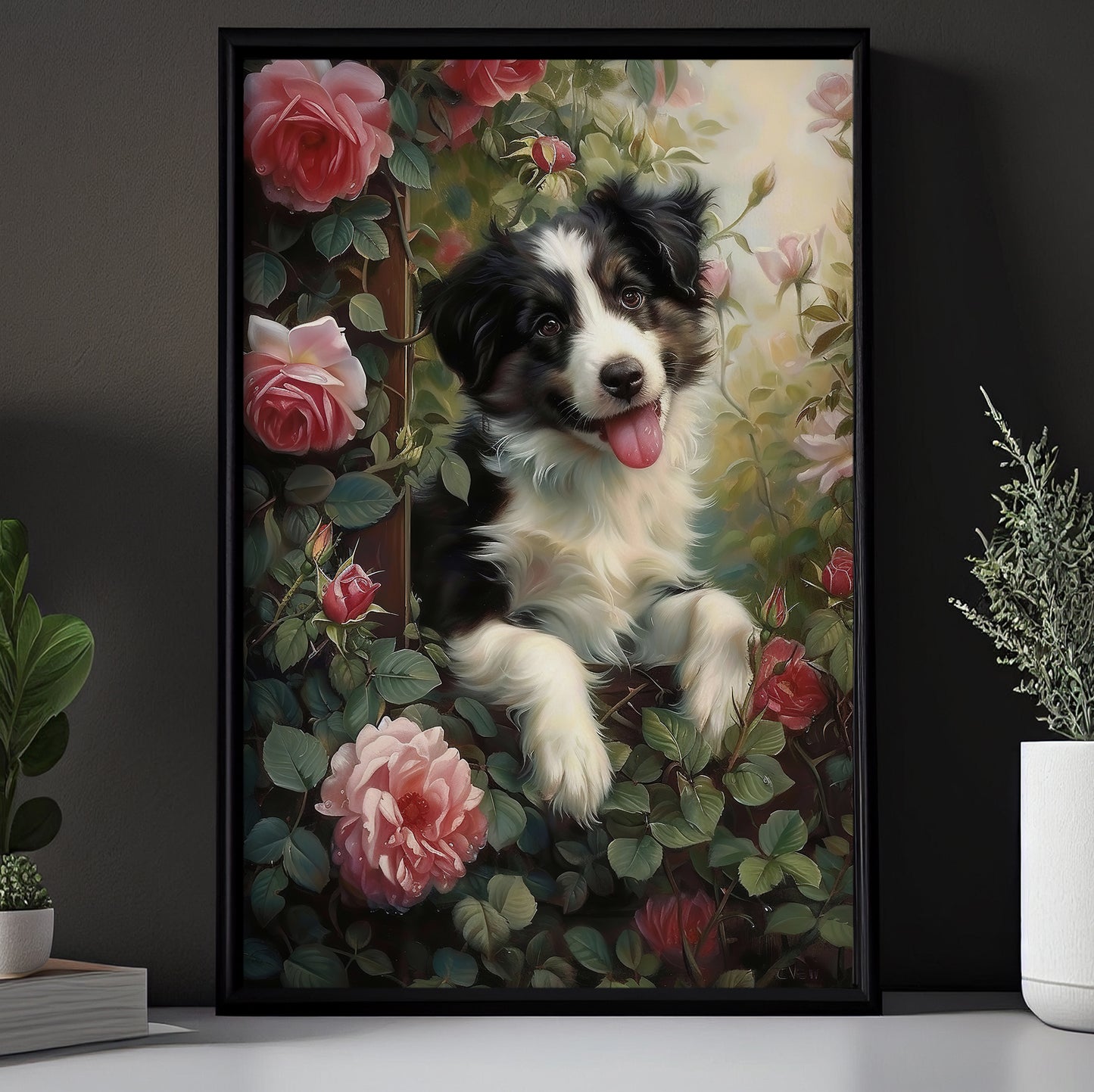 A Puppy’s Garden Adventure, Victorian Dog Canvas Painting, Victorian Animal Wall Art Decor, Poster Gift For Dog Lovers