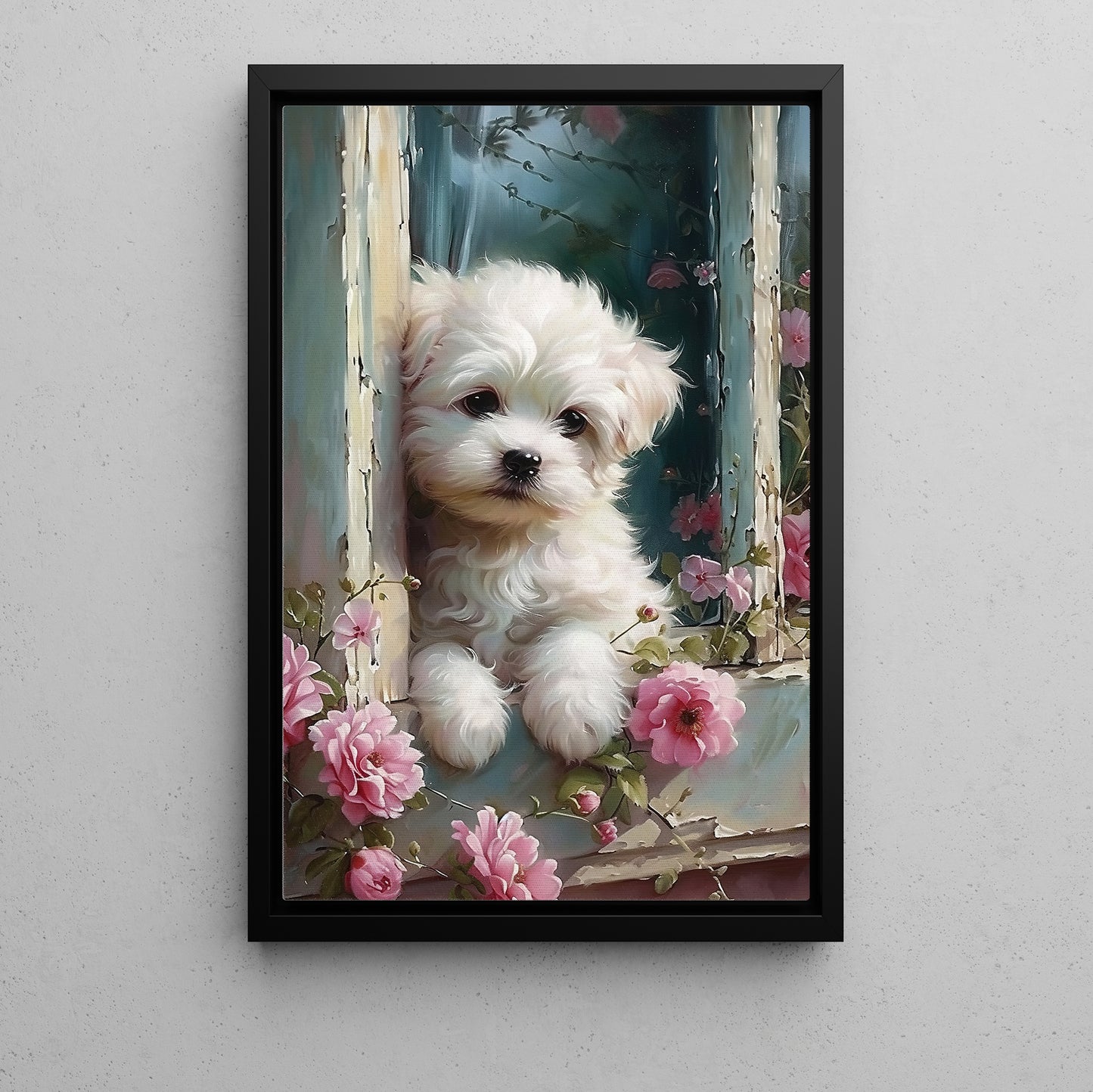 Baby Maltese Dog In The Garden, Victorian Maltese Dog Canvas Painting, Victorian Animal Wall Art Decor, Poster Gift For Dog Lovers