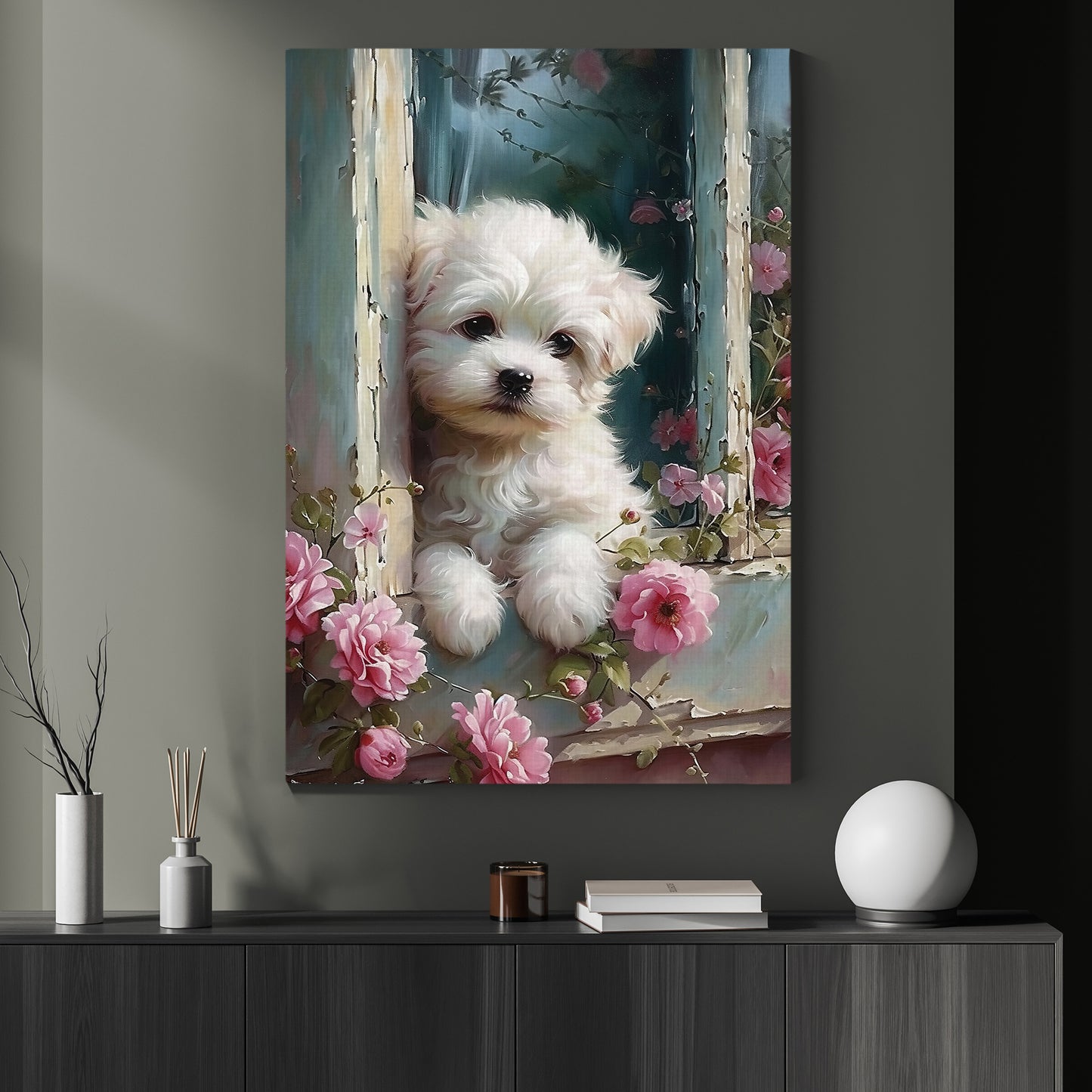 Baby Maltese Dog In The Garden, Victorian Maltese Dog Canvas Painting, Victorian Animal Wall Art Decor, Poster Gift For Dog Lovers