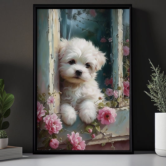 Baby Maltese Dog In The Garden, Victorian Maltese Dog Canvas Painting, Victorian Animal Wall Art Decor, Poster Gift For Dog Lovers