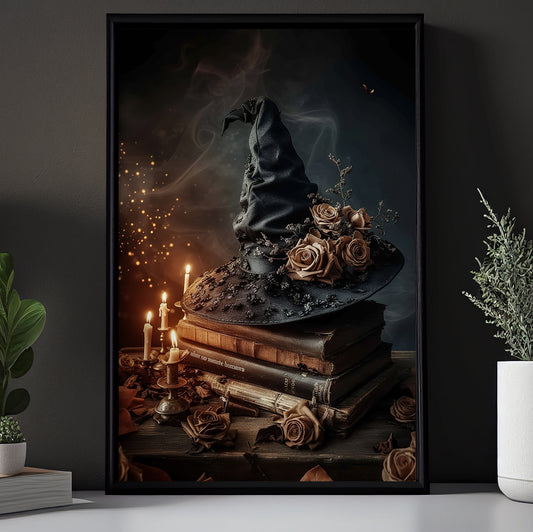 Mystic Allure, Witch Hat Canvas Painting, Spooky Season Wall Art Decor, Halloween Poster Gift For Book Lovers