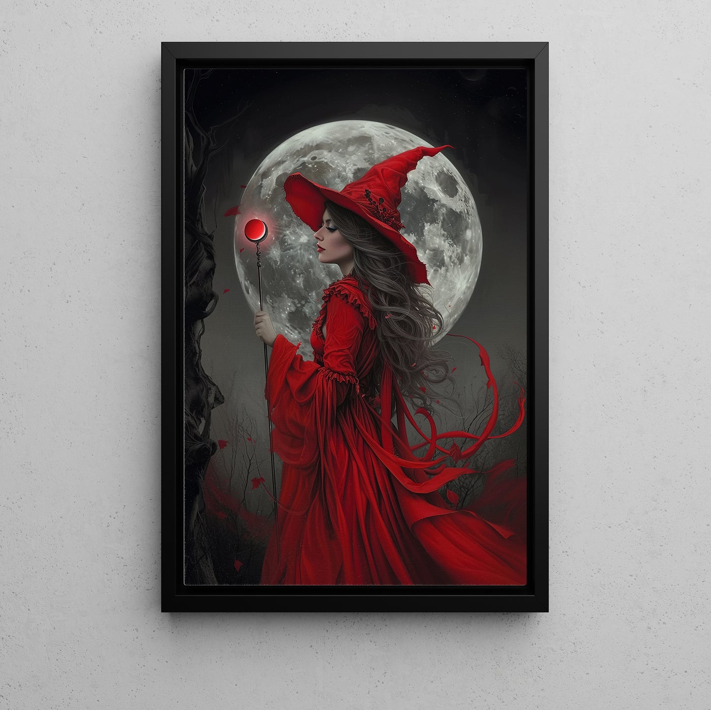 Mystical Red Sorceress Under The Moonlight, Witches Canvas Painting, Spooky Season Wall Art Decor, Halloween Poster Gift For Witch Lovers