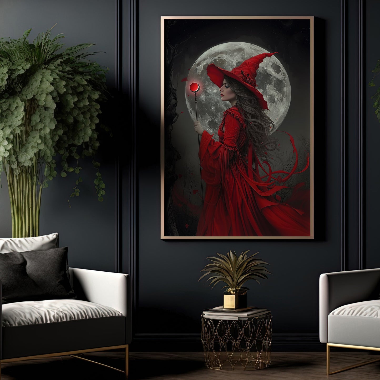 Mystical Red Sorceress Under The Moonlight, Witches Canvas Painting, Spooky Season Wall Art Decor, Halloween Poster Gift For Witch Lovers