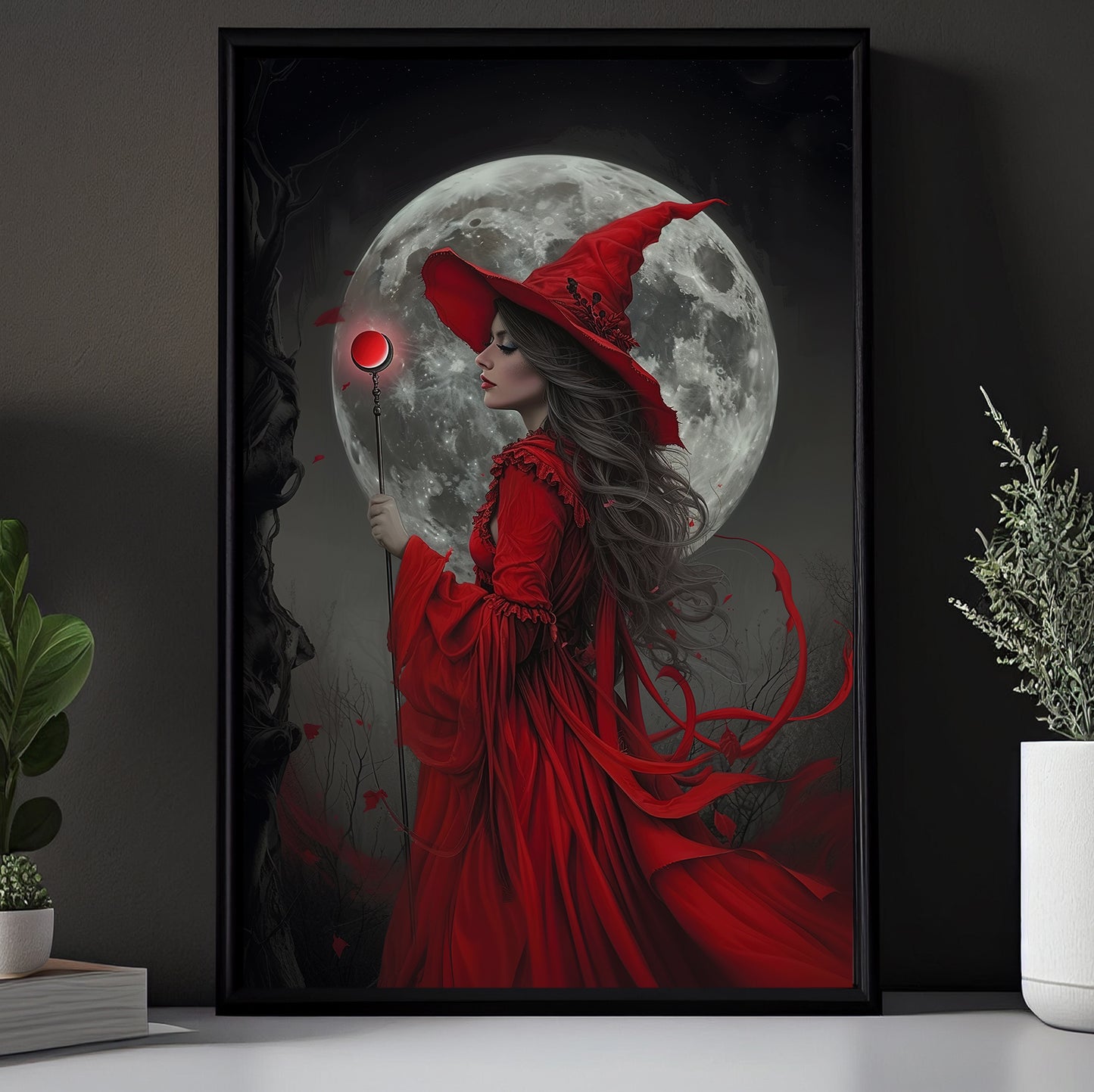 Mystical Red Sorceress Under The Moonlight, Witches Canvas Painting, Spooky Season Wall Art Decor, Halloween Poster Gift For Witch Lovers