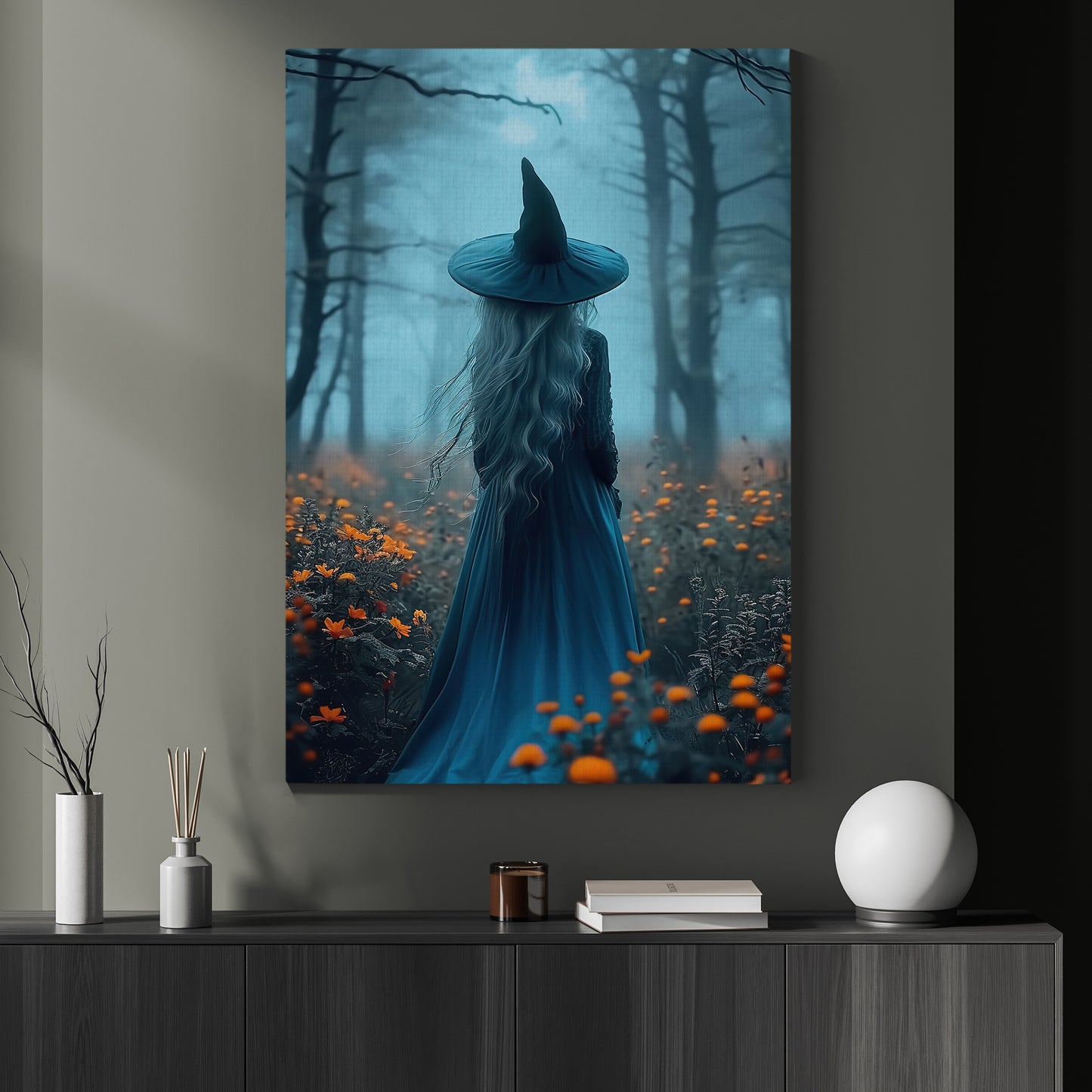 The Blue Witch's Solitude, Witches Canvas Painting, Spooky Season Wall Art Decor, Halloween Poster Gift For Witch Lovers