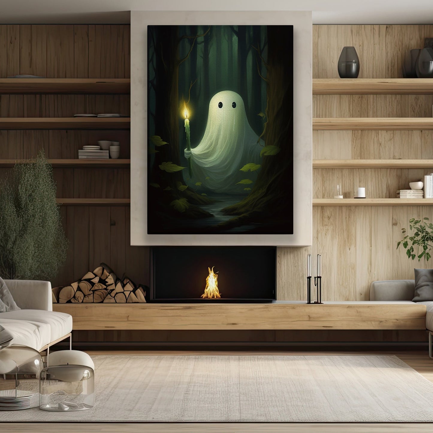 Ghost Hold The Candle, Ghost Canvas Painting, Dark Forest Wall Art, Spooky Poster Gift