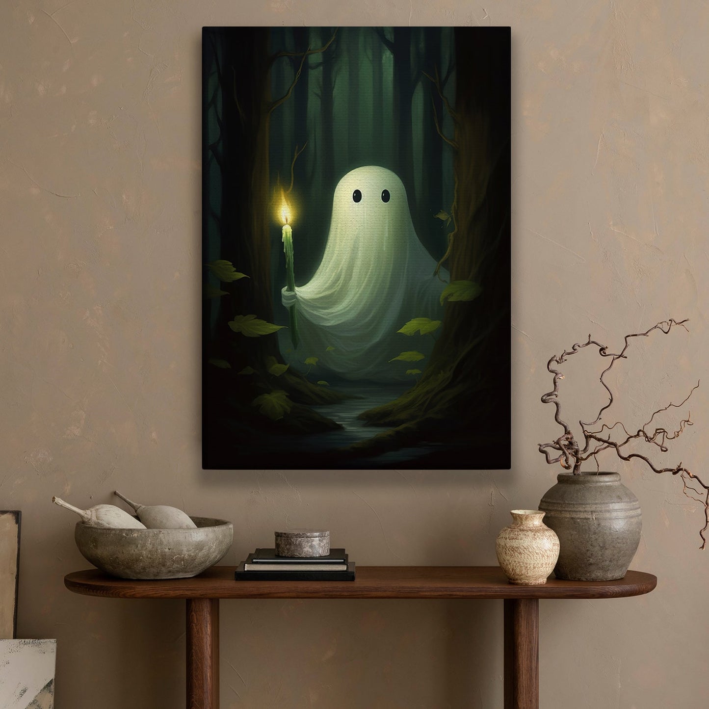 Ghost Hold The Candle, Ghost Canvas Painting, Dark Forest Wall Art, Spooky Poster Gift