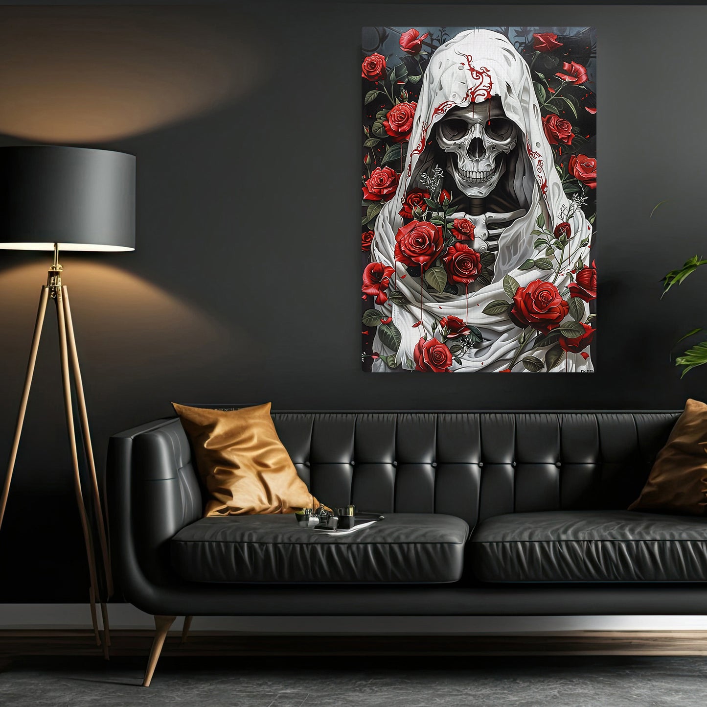 Eternal Blossoms, Gothic Canvas Painting, Mystery Wall Art Decor, Poster Gift For Skull Lovers